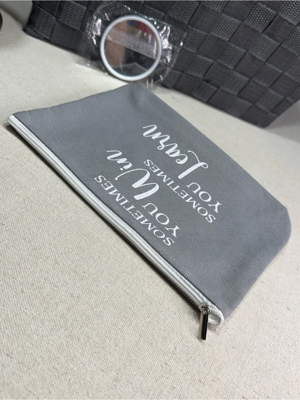 Gray 'Sometimes You Win Sometimes You Learn' Makeup Pouch and Compact Mirror Set